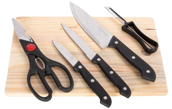 Køkkenknive - Komplet sæt med knive, skærebræt, saks og kartoffelskræller