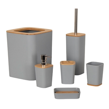 Badeværelsestilbehør - 6 dele - Gråt - kraftigt plast og bambus - Badeværelsessæt