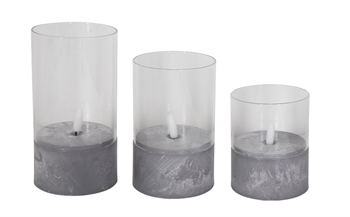  Led stearinlys  - 3 stk. i Cylinderglas - Bund med cement-look-  3D flammer 