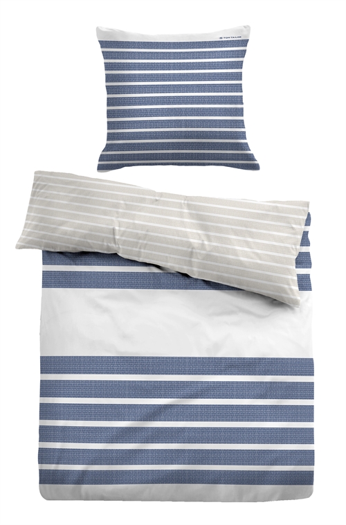 Blå stribet sengetøj 140x200 cm - Blødt bomuldssatin - Blå og hvidt sengesæt - Vendbart design - Tom Tailor