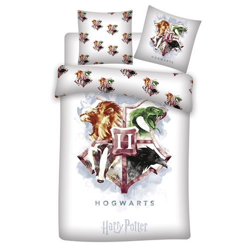 Harry Potter sengetøj - 140x200 cm - Flot motiv af Hogwarts våbenskjold - Sengesæt vendbart - Dynebetræk i 100% bomuld