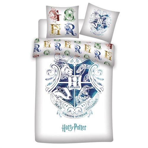 Harry Potter sengetøj - 140x200 cm - Blåt Hogwarts våbenskjold - Vendbart dynebetræk - 100% bomulds sengesæt