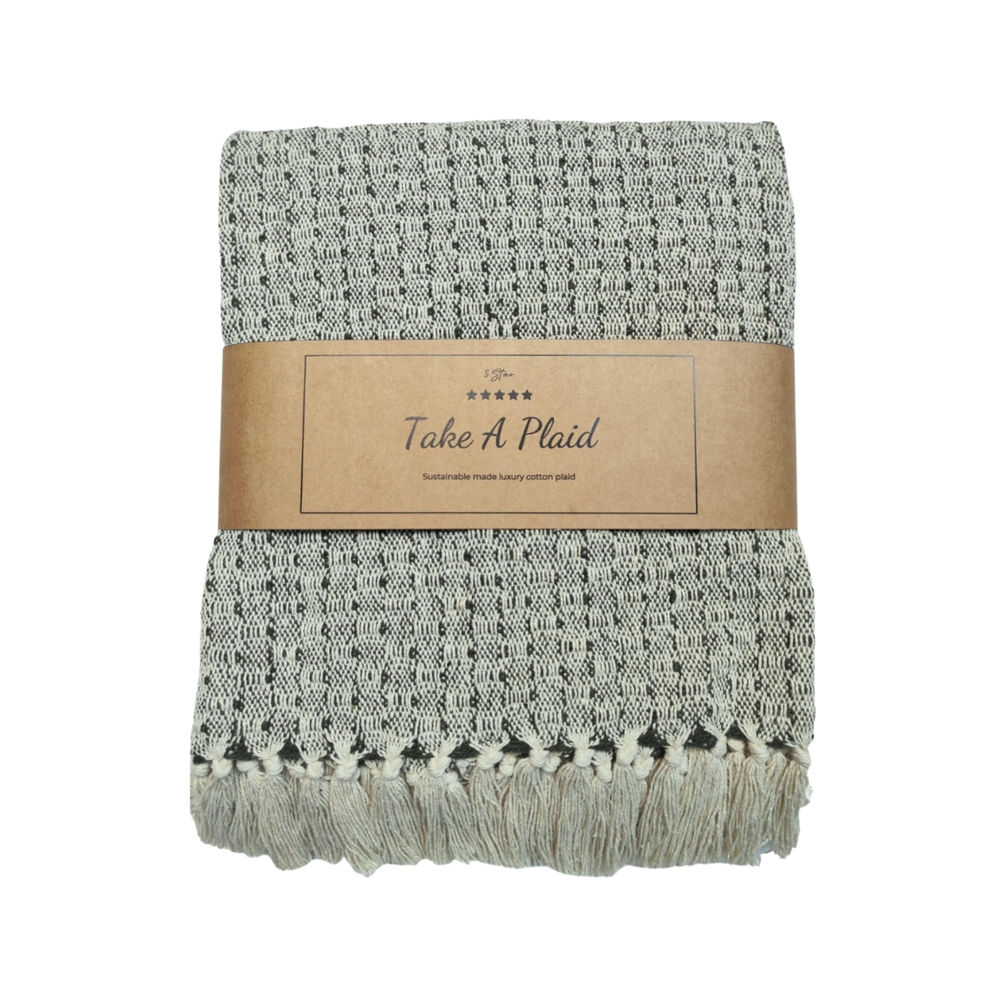 Bomulds plaid - 100% recycled bomuld - 130x180 cm - Hvid med grøn mønster