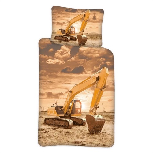 Børnesengetøj - 140x200 cm - Gravemaskine sengesæt - Vendbar dynebetræk - 100% bomuld