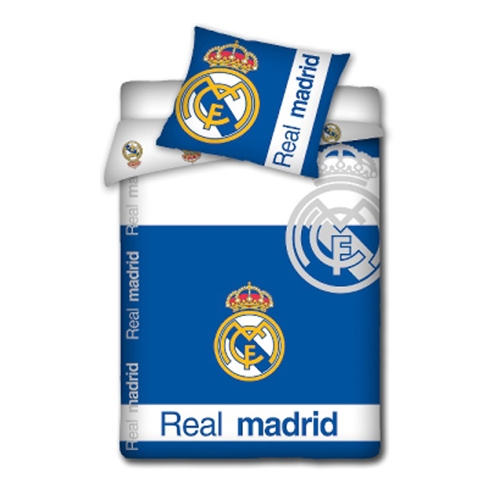Real Madrid sengetøj - Vendbart sengesæt med logo og tekst - 140x200 cm - 100% bomulds sengelinned - Fodbold sengetøj