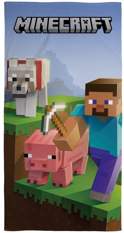 Minecraft håndklæde - 70x140 cm - 100% bomuld - Blødt badehåndklæde med Steve, Minecraft ulv og gris