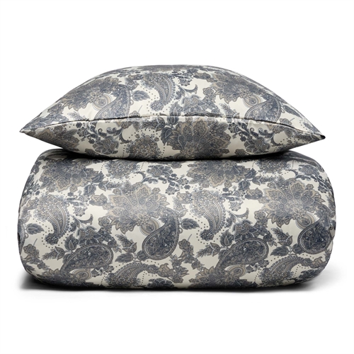 Sengetøj 140x220 cm - Sandfarvet sengesæt med blå blomstervifter - Satin sengetøj - IN Style sengelinned