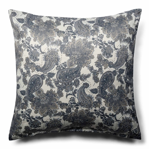 Pudebetræk 60x63 cm - Sandfarvet hovedpudebetræk med blå blomstervifter - Satin pudebetræk - IN Style