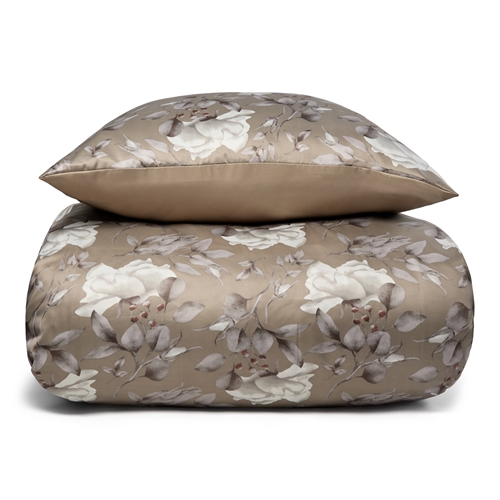 Blomstret sengetøj - Brunt sengesæt i vendbart design - Satin sengetøj 140x200 cm - IN Style sengelinned