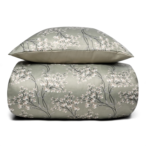 Blomstret sengetøj 140x220 cm - Grønt sengesæt i vendbart design - Satin sengetøj - IN Style sengelinned