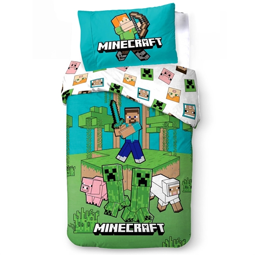 Minecraft sengetøj - Vendbart design med motiv af creeper og pigs  - Jungle Explore - 140x200 cm - 100% bomulds sengelinned