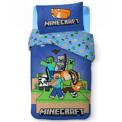 Minecraft sengetøj - 140x200 cm - Vendbart design med motiv af bl.a. zombie og creeper - Ready to survive - 100% bomulds sengelinned