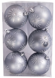 Julekugler - Sølv med glimmer - Pakke med 6 stk. Måler 8 cm i diameter 