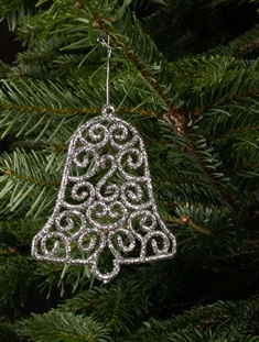 Juletræspynt - Juleklokker med sølv glimmer måler 10x9 cm.