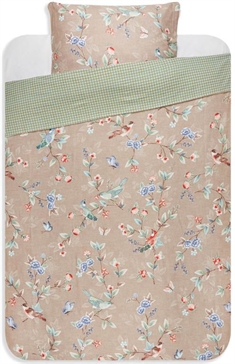 Pip studio sengetøj - 140x220 cm - Birdy Khaki - Blomstret sengetøj med 2 i 1 - 100% Bomuldsflonel sengesæt