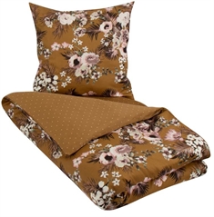 Blomstret sengetøj - 140x200 cm - Flowers & Dots - Karryfarvet sengesæt - Vendbar design - 100% Økologisk Bomuldssatin