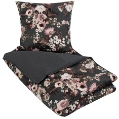 Økologisk sengetøj 140x220 cm - Flowers & Dots grå - Blomstret sengesæt - Vendbar - 100%  Bomuldssatin sengetøj