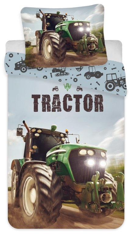 Traktor sengetøj - 100% bomuld - Junior sengetøj 100x140 cm - Lysende lygter
