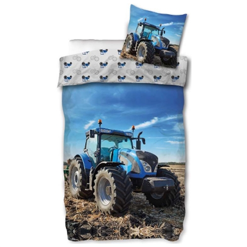 Traktor sengetøj - 140x200 cm - Vendbart sengesæt med blå traktor - 100% bomuld - Flot børnesengetøj