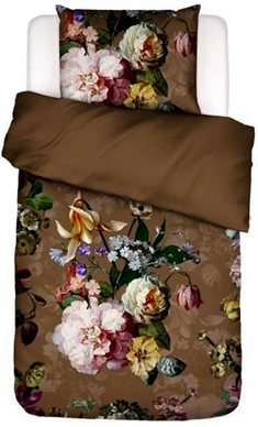 Blomstret sengetøj 140x220 cm - Fleurel Café Noir - Brunt sengetøj - 2 i 1 design - 100% Bomuldsflonel - Essenza 