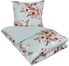 Blomstret sengetøj - 140x200 cm - Green Flower - 2 i 1 design - Sengesæt i 100% Bomuldssatin - Excellent By Borg