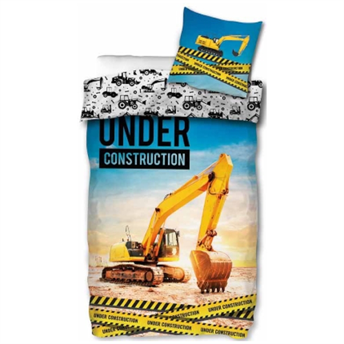 Børnesengetøj - 140x200 cm - Stor gul gravemaskine - Vendbart dynebetræk med maskiner - 100% bomulds sengesæt