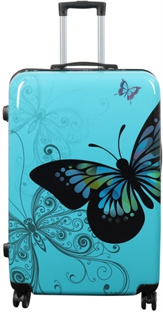 Stor kuffert - Hardcase kuffert med motiv - Sommerfugl blå - Eksklusiv letvægt kuffert
