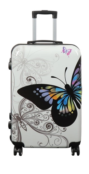 Kuffert - Hardcase kuffert - Str. Medium - Kuffert med motiv - Sommerfugl hvid - Eksklusiv letvægt rejsekuffert