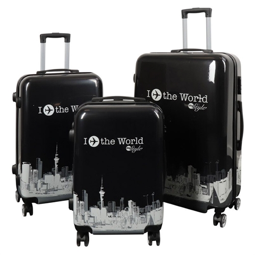 Kuffertsæt - 3 Stk. - Kuffert med motiv - New York city - Black - Hardcase letvægt kuffert med 4 hjul