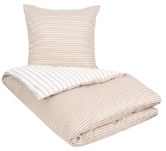 Sandfarvet sengetøj 200x220 cm - Dobbeltdyne sengetøj - 100% Bomuldssatin - Narrow lines sand - 2 i 1 design