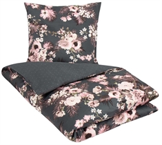 Sengetøj 200x220 cm - Dobbeltdyne sengetøj - 100% Bomuldssatin - Flowers & Dots - Grågrøn - 2 i 1 design
