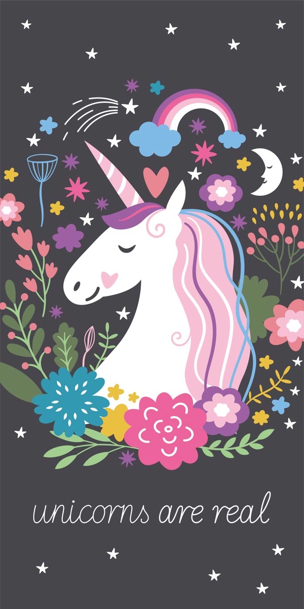 Enhjørning håndklæde - 70x140 cm - 100% bomuld - Blødt badehåndklæde med en enhjørning og teksten unicorns are real