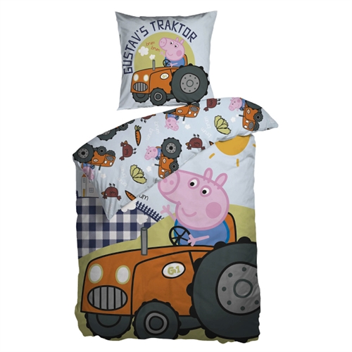 Økologisk Gustav Gris sengetøj 140x200 cm - Gustav Gris og traktor - Sengesæt i 100% økologisk bomuld