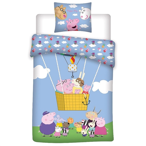 Gurli Gris sengetøj 100x140 cm - Gurli Gris junior sengesæt - Flyver i luftballon - 100% blød bomuld