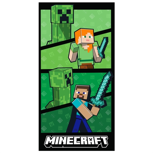 Minecraft håndklæde - 70x140 cm - 100% bomuld - Blødt badehåndklæde med Steve, Alex og Creeper