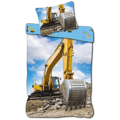 Børne sengetøj 140x200 cm - Vendbart sengesæt med en gul gravmaskine - 100% blødt bomulds sengelinned