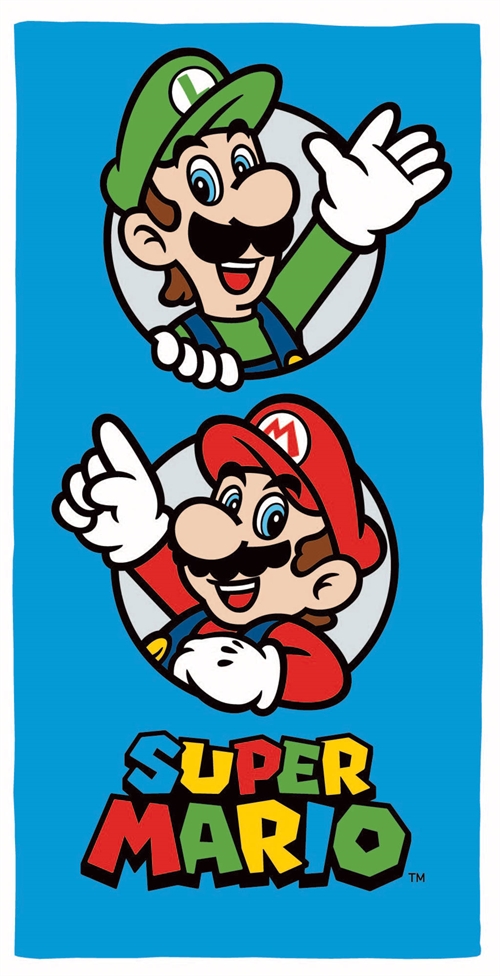 Super Mario håndklæde - 70x140 cm - 100% bomuld - Blødt badehåndklæde med Mario og Luigi