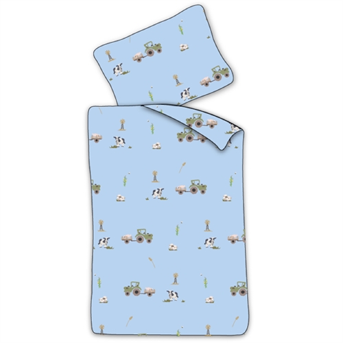 Baby sengetøj 70x100 cm - Blåt sengesæt med traktor og køer - 100% blødt bomulds sengelinned