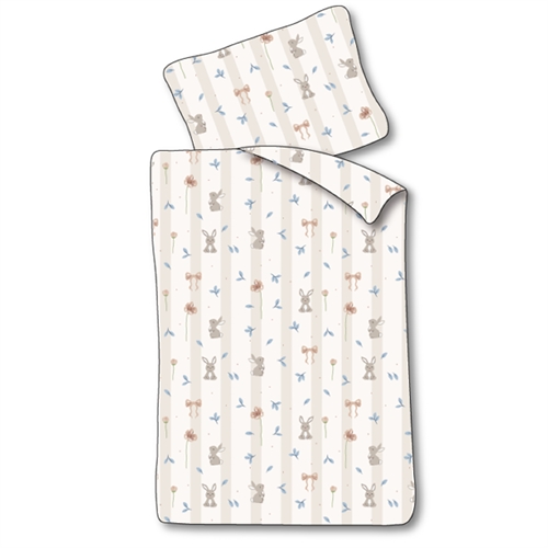 Junior sengetøj 100x140 cm - Hvidt stribet sengesæt med kaniner og blomster - 100% blødt bomulds sengelinned