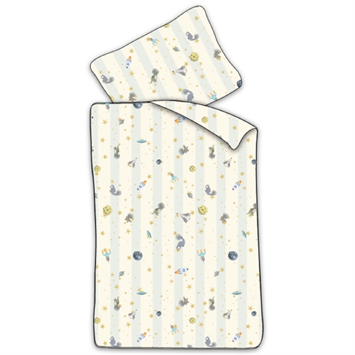 Junior sengetøj 100x140 cm - Hvidt stribet sengesæt med dinosaurer og rumraketter - 100% blødt bomulds sengelinned