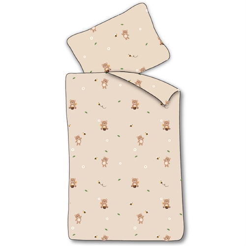 Junior sengetøj 100x140 cm - Beige sengesæt med bamser - 100% blødt bomulds sengelinned