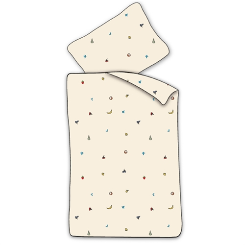 Junior sengetøj 100x140 cm - Råhvidt sengesæt med små frugter - 100% blødt bomulds sengelinned