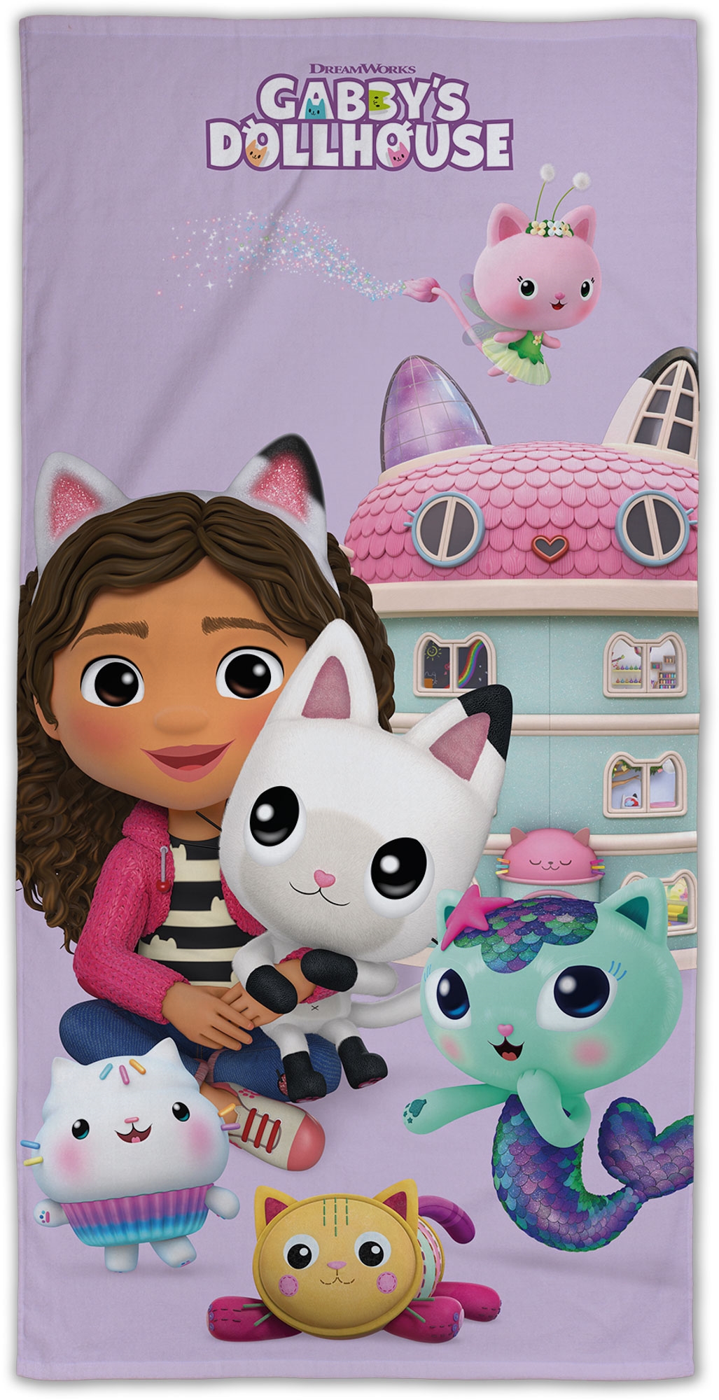 Gabby's Dollhouse håndklæde - 70x140 cm - 100% bomuld - Blødt badehåndklæde med Gabby, Pandy Paws, Catfish, Cakey Cat, Pillow Cat