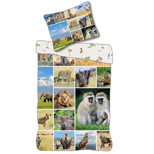 Børne sengetøj 140x200 cm - Vendbart sengesæt med safari dyr - 100% blødt bomulds sengelinned
