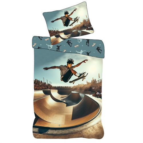Børne sengetøj 140x200 cm - Vendbart sengesæt med skater motiv - 100% blødt bomulds sengelinned