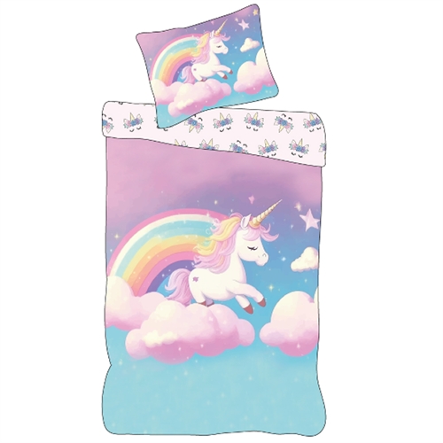 Enhjørning sengetøj 140x200 cm - Vendbart sengesæt med enhjørning og regnbue - 100% blødt bomulds sengelinned