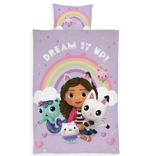 Junior sengesæt 100x140 cm - Vendbart sengetøj med Gabby\'s Dollhouse og regnbue - 100% bomulds sengelinned