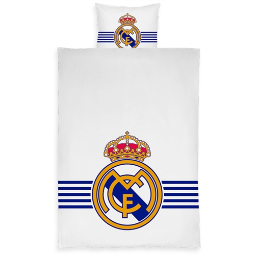 Real Madrid sengetøj - Hvidt vendbart sengesæt med logo - 140x200 cm - 100% bomulds sengelinned - Fodbold sengetøj