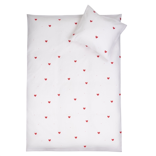 Baby sengetøj 100% bomuld - 70x100 cm - Hvidt sengesæt med fine røde hjerter - Nordstrand Home blødt dynebetræk