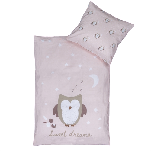 Ugle sengetøj 70x100 cm - Lyserødt baby sengesæt med sovende ugle - Vendbart motiv - 100% bomulds sengelinned - Nordstrand Home